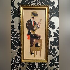 Needlepoint Art, Spanish Guitar Player,Ornate Gold Frame, Vintage Folk Art
